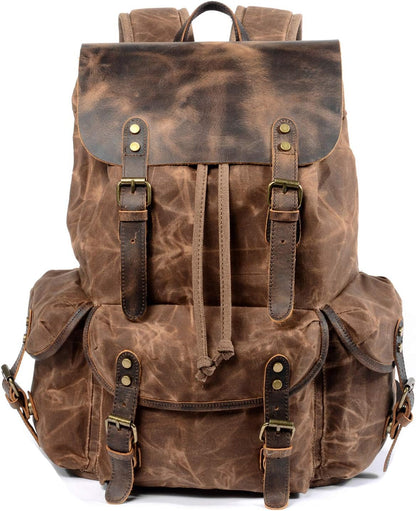 Leather Backpack for Men, Waxed Canvas Shoulder Rucksack Carry-On Travel Backpack