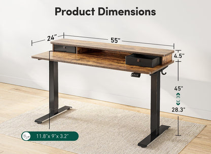 55 X 24 Inch Height Adjustable Electric Standing Desk with Double Drawer, Stand up Desk with Storage Shelf, Sit Stand Desk, Rustic Brown