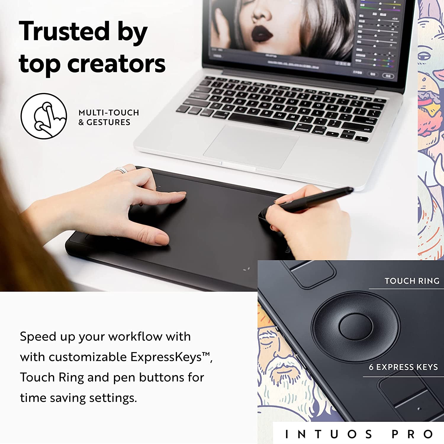 Intuos Pro Drawing Tablet, Small 10.6" X 6.7" Wireless Graphics Art Tablet with Pro Pen 2 & Touch Ring, Digital Drawing Pad for Mac and Windows PC